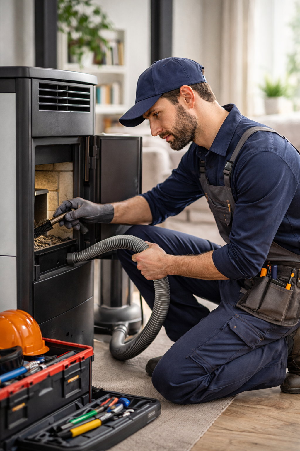 Technicien Domus Énergie réalisant l’entretien d’un poêle à granulés pour assurer performance et sécurité du système de chauffage