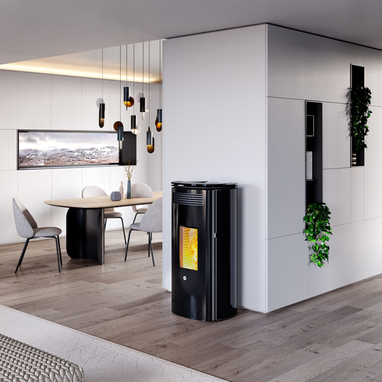 Poêle à granulés CMG Adhara avec habillage en verre noir dans un intérieur moderne